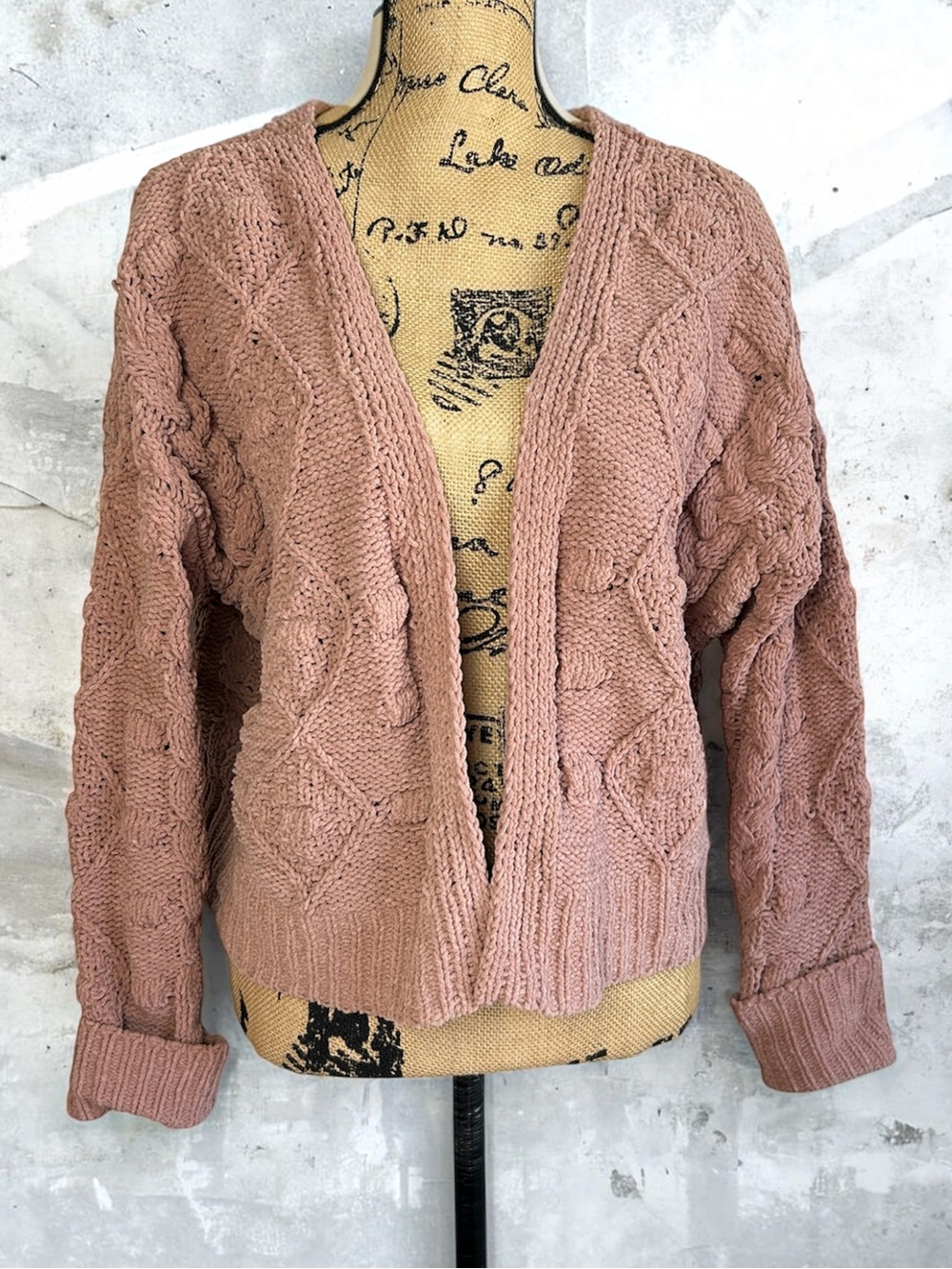 Open-Front Cable Knit Sweater Dusty Rose Cardigan